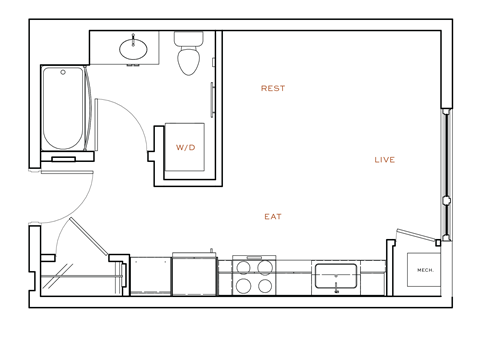 A floor plan of a small apartment with a living room, dining room, kitchen, and bathroom.